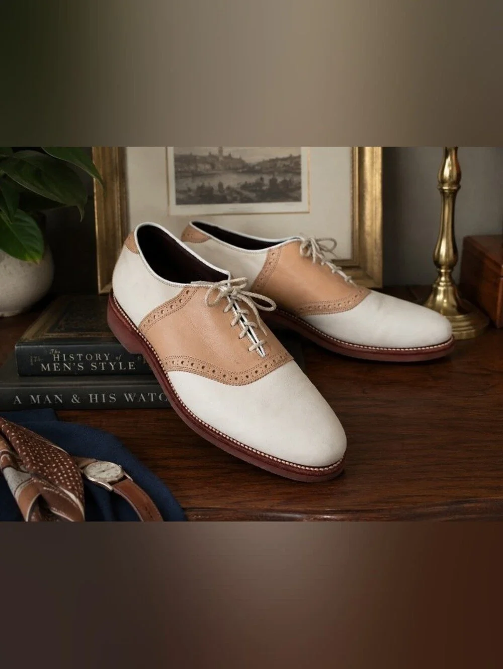 Allen Edmonds Saddle Oxford Dress Shoes Ivory Tan Leather Vibram Soles Size 10